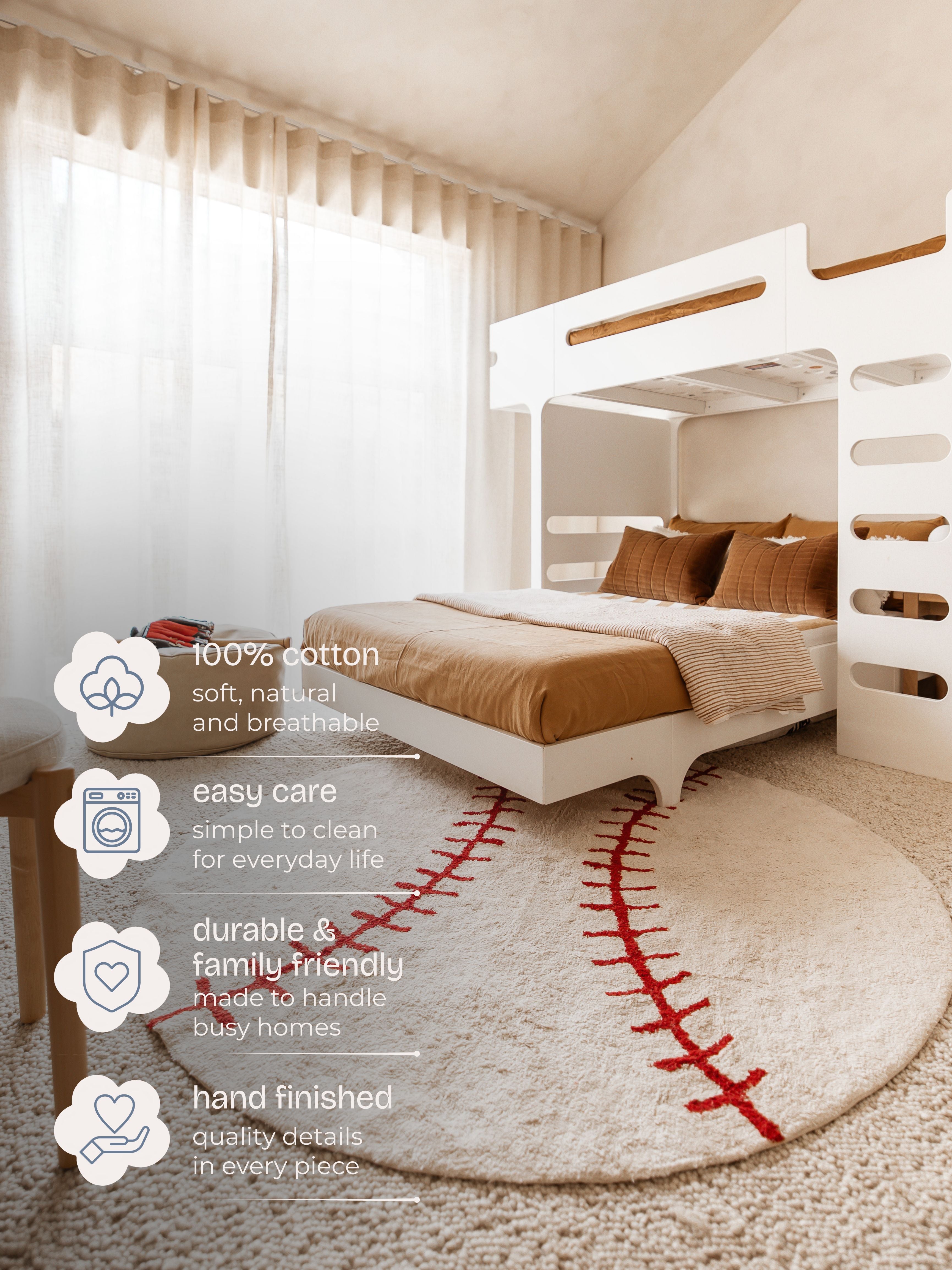 Children's bedroom with bunk bed and baseball-themed rug