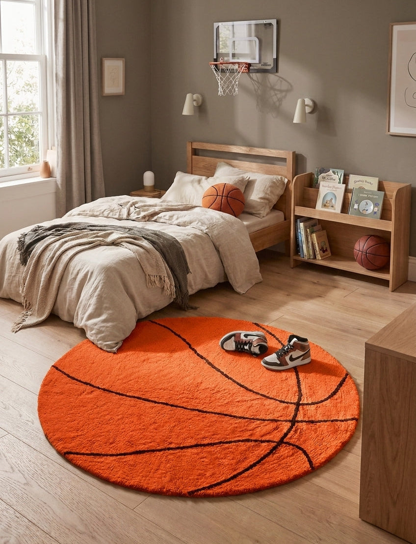 Bedroom with basketball-themed rug, bed, and bookshelf.
