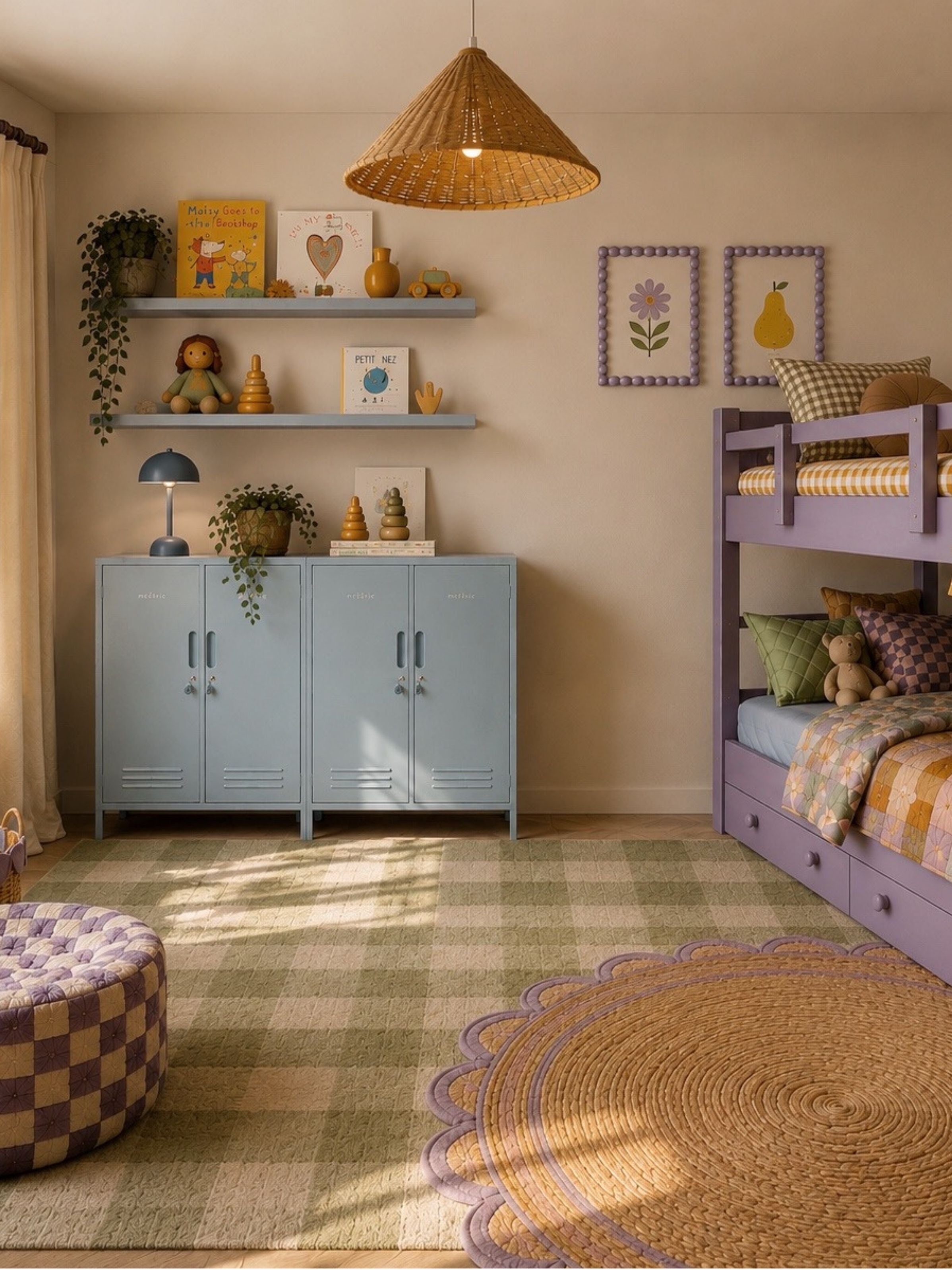 Children's bedroom with a bunk bed, cabinets, and decorative elements.
