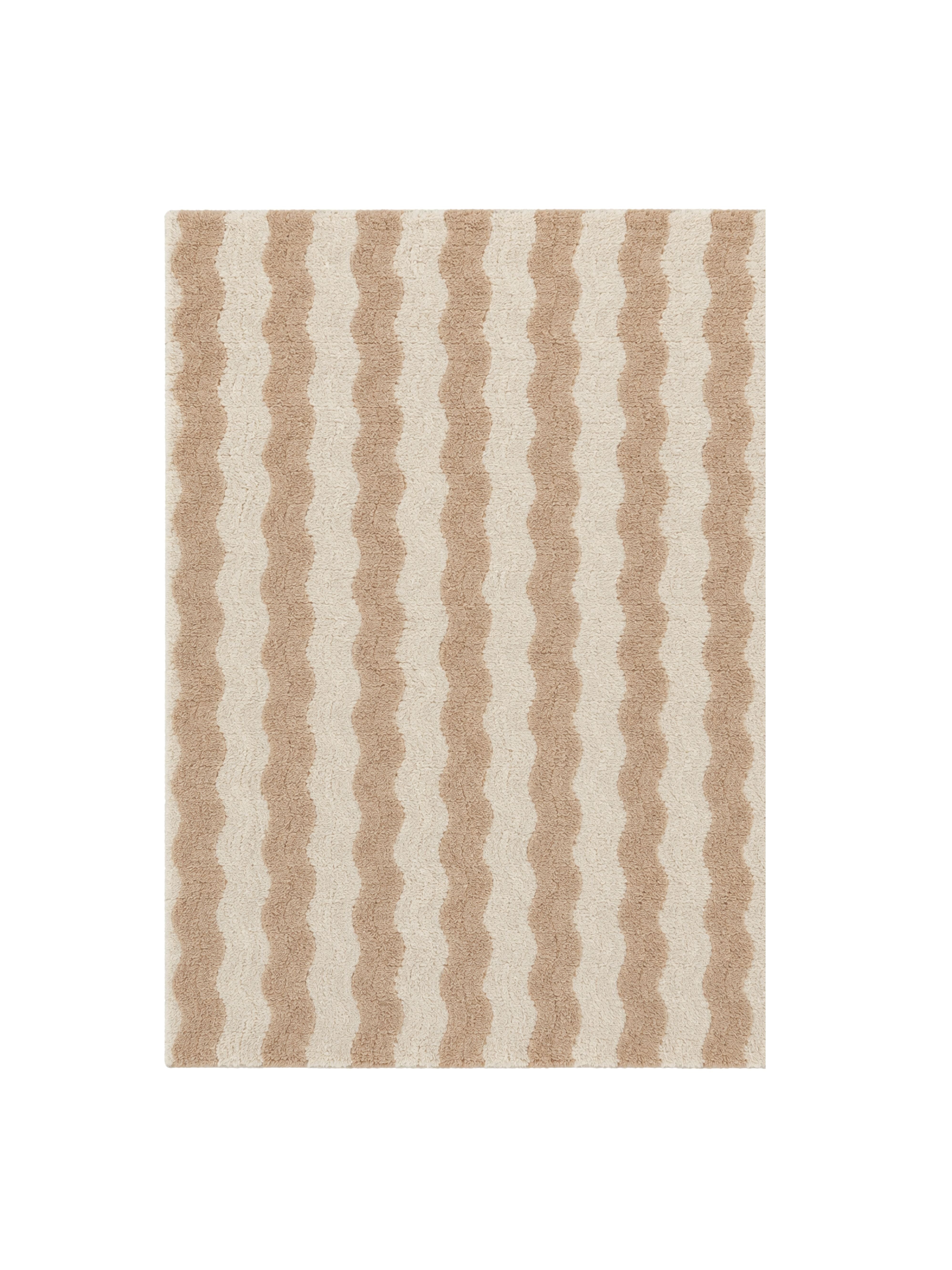 A rectangular area rug with a vertical wavy chevron pattern in alternating shades of beige and cream, shown flat against a solid white background.