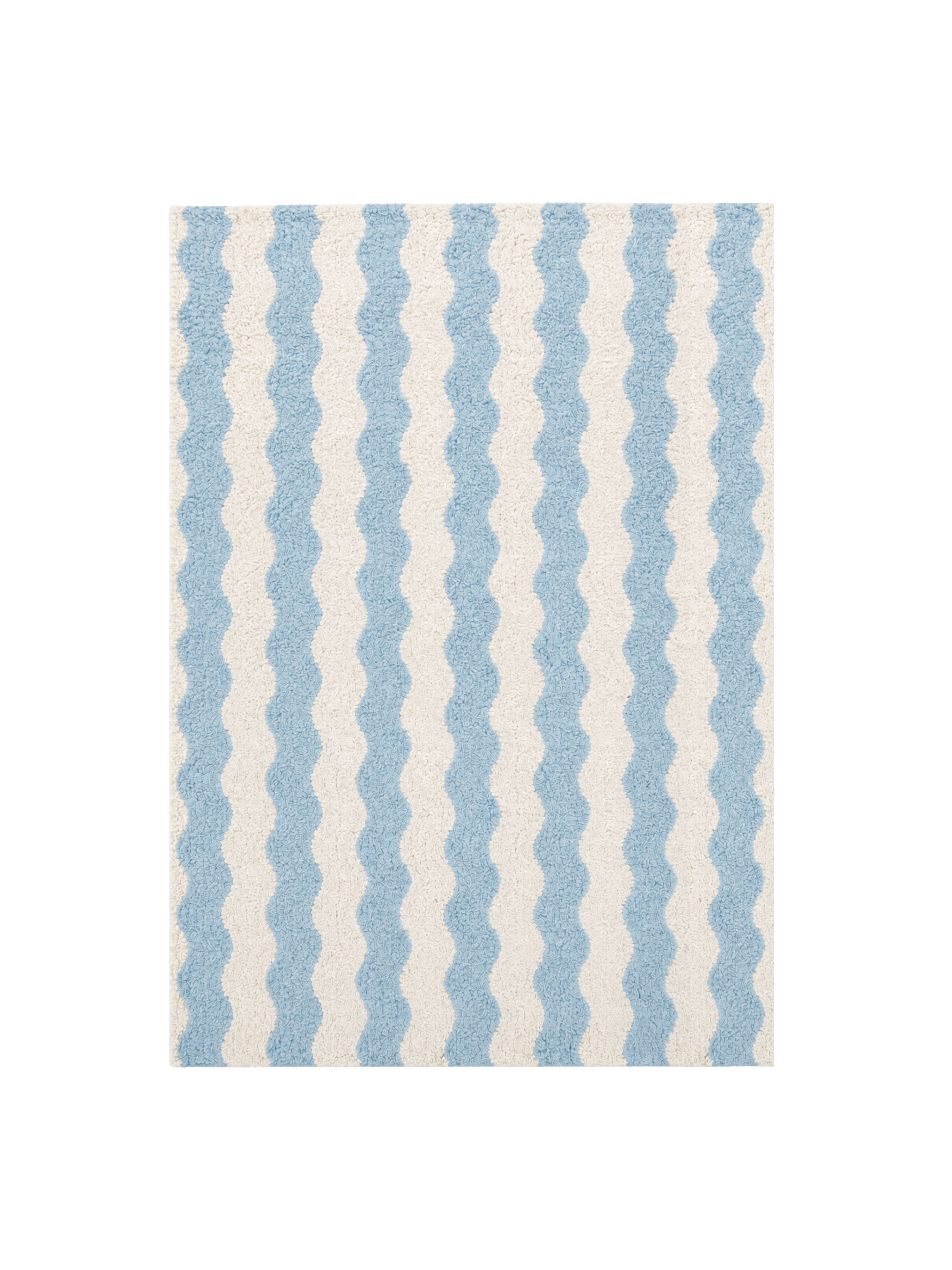 A rectangular area rug with a vertical wavy stripe pattern in light blue and off-white, shown flat against a solid white background.