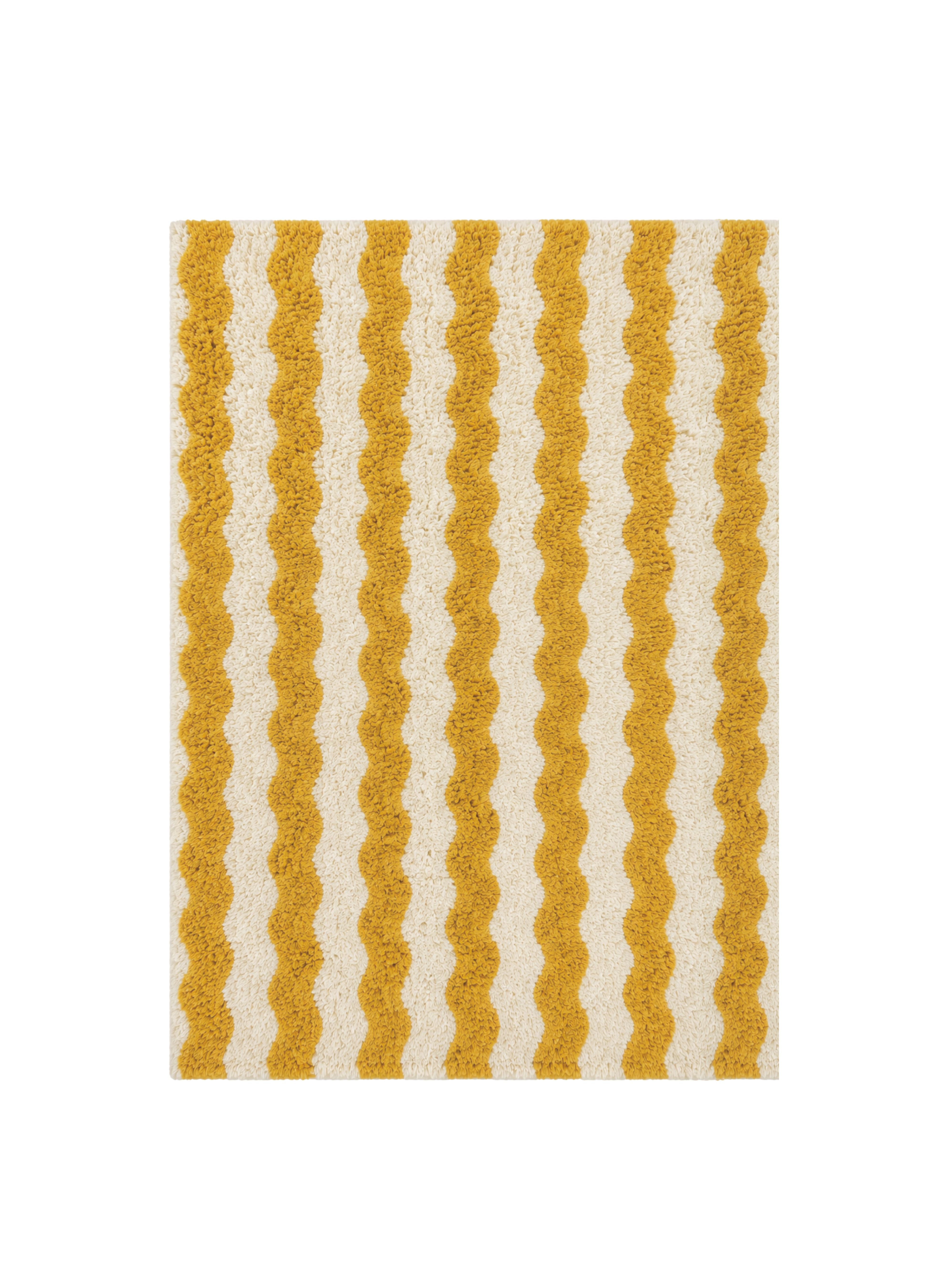 A rectangular area rug with a vertical wavy stripe pattern in mustard yellow and cream, shown flat against a solid white background.
