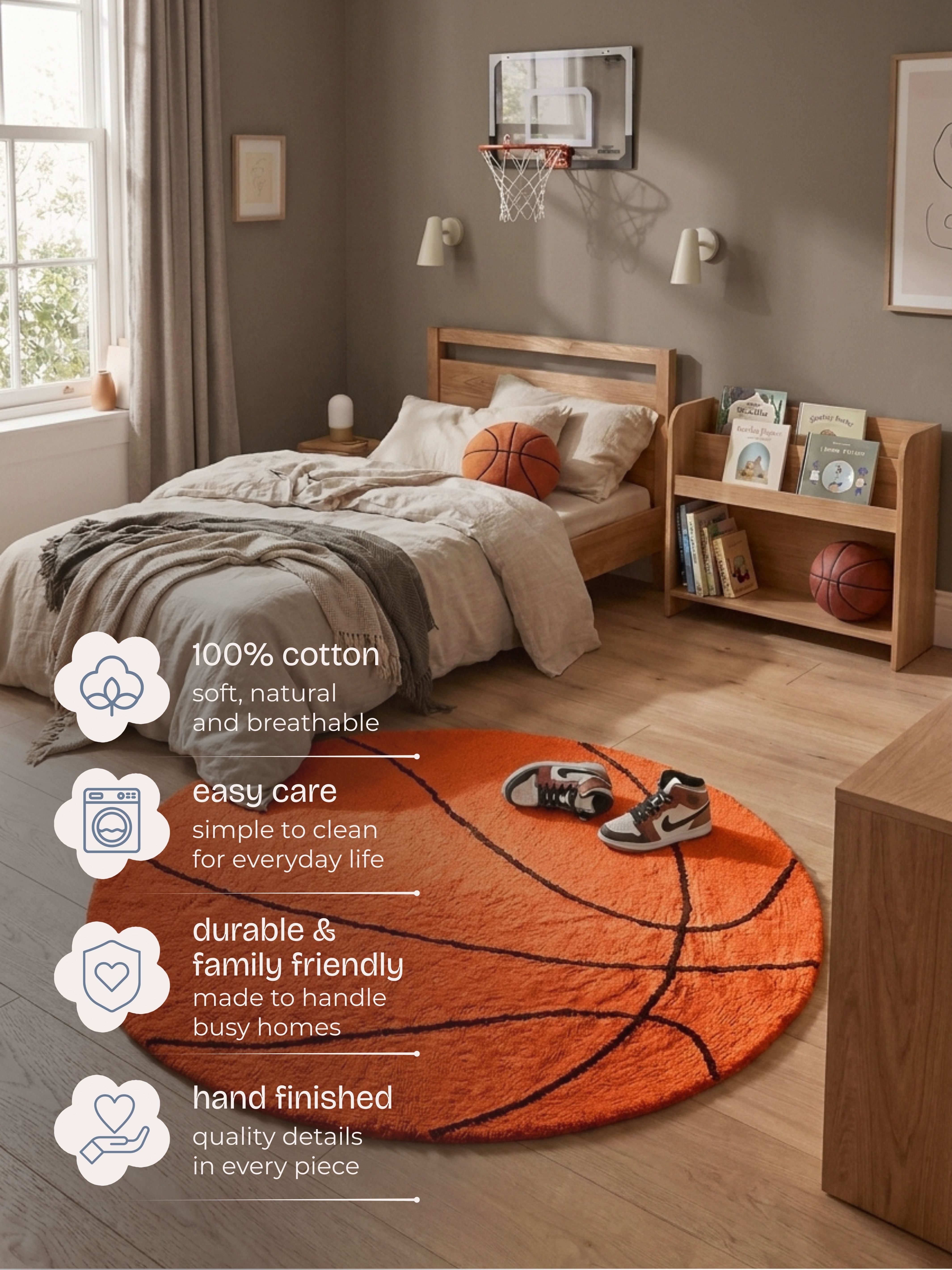 Bedroom with a basketball-themed rug, bed, and bookshelf.