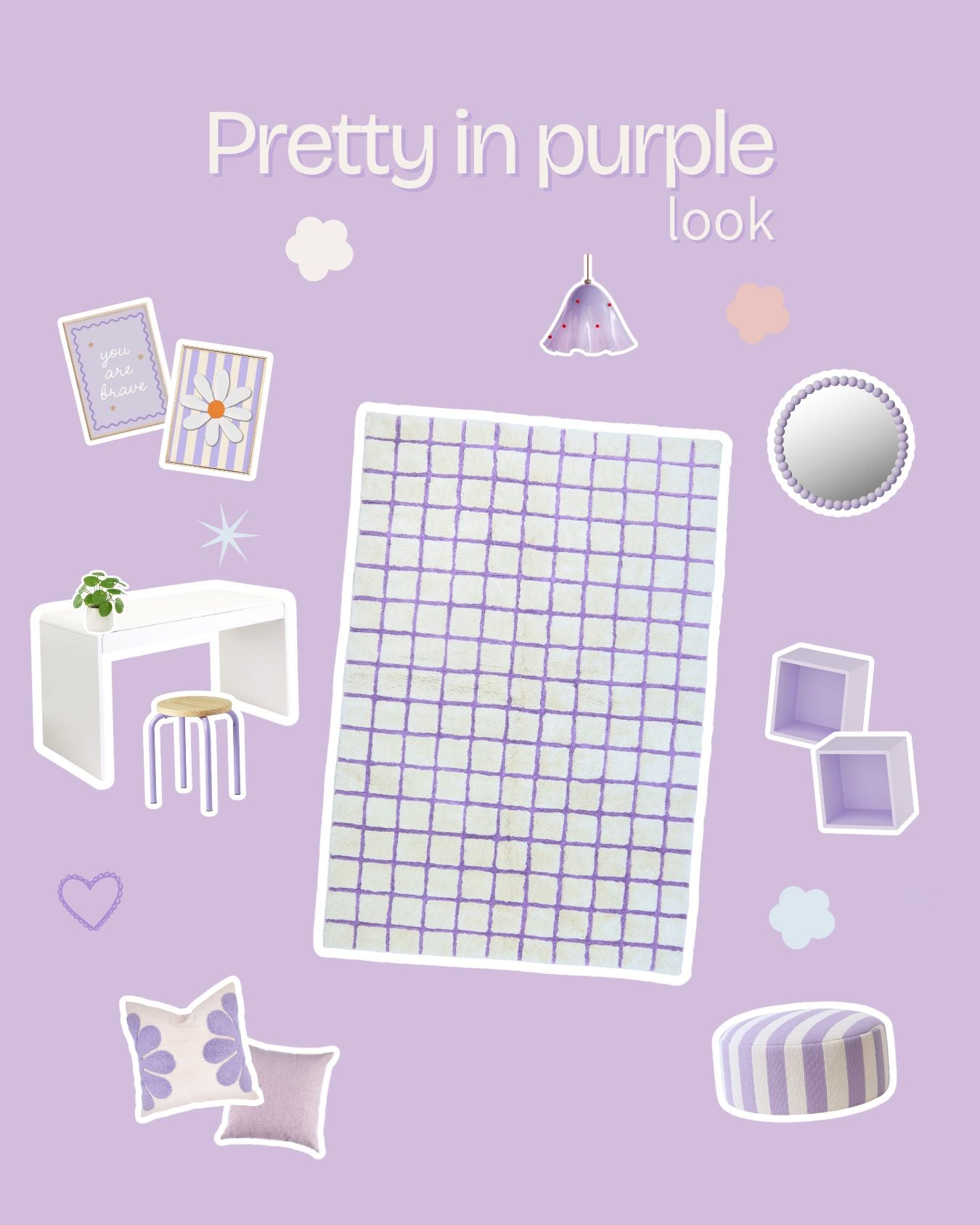 Decorative elements on a purple background with text 'Pretty in purple look'.