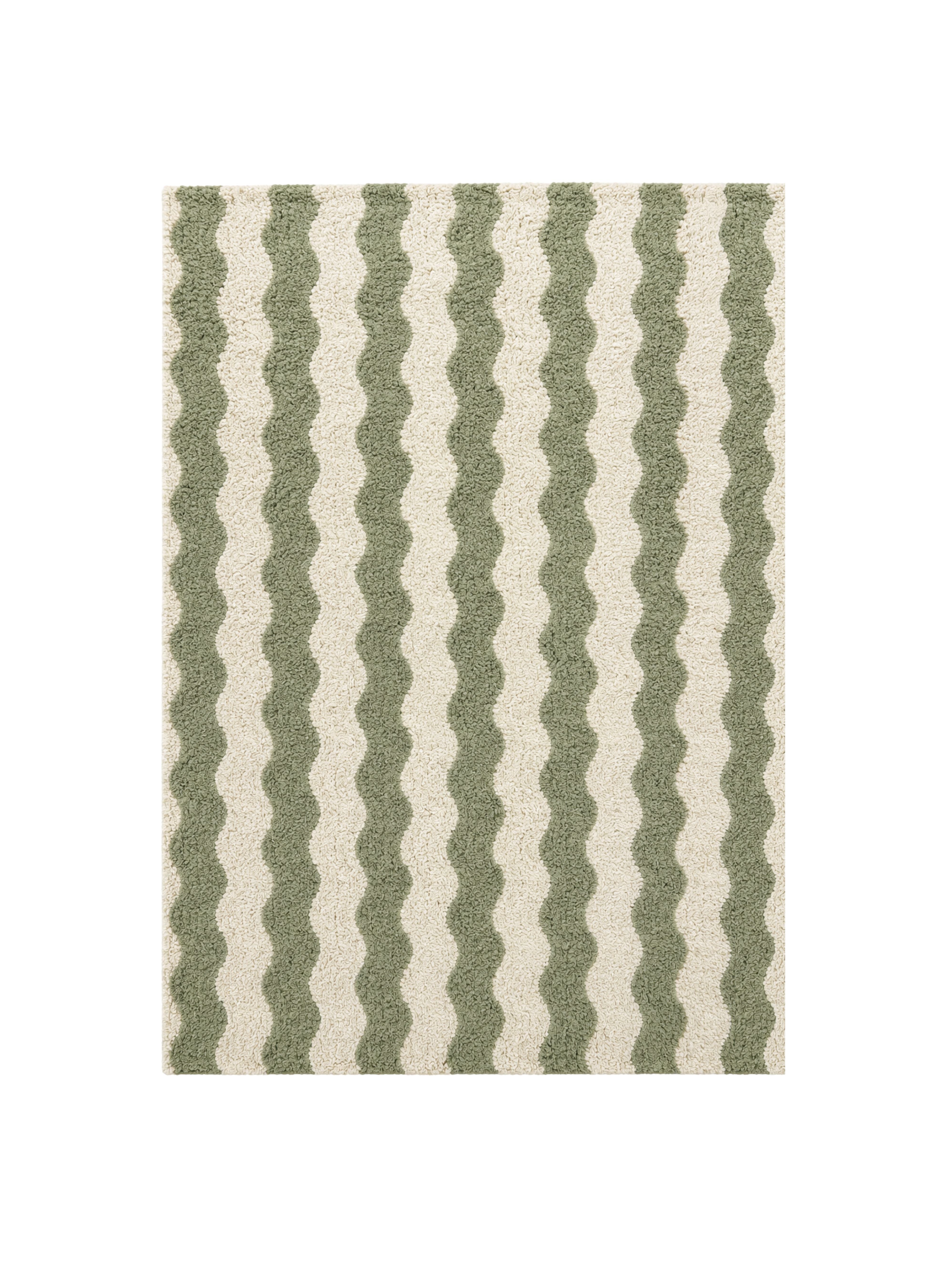 A rectangular area rug with a vertical wavy stripe pattern in sage green and cream, shown flat against a solid white background.
