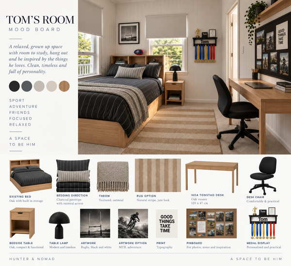 Tom’s room concept board with room visual, palette and selected products for complete room design.