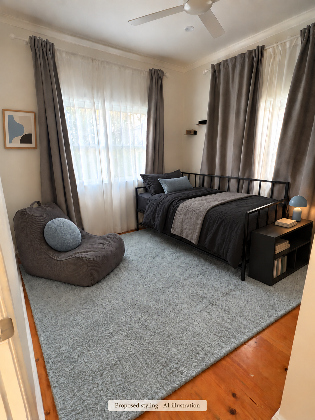 Proposed room styling with a larger blue rug, charcoal bedding and coordinated accessories. AI illustration.